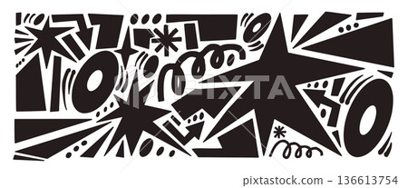 Silhouettes paper cutouts stars, geometric figures. Playful black simple scrap paper collage with sparkles, arrows, squiggles and doodles . Vector hand drawn silhouette set isolated no background Silhouettes paper cutouts stars, geometric figures. Playful black simple scrap paper collage with sparkles, arrows, squiggles and doodles . Vector hand drawn silhouette set isolated no background 136613754
