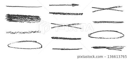 Doodle pencil underlines. Crayon line brush stroke set. Graphite pencil texture strikethrough, arrow, oval frame. Black chalk highlight forms for school text marks. Vector freehand scribble dividers Doodle pencil underlines. Crayon line brush stroke set. Graphite pencil texture strikethrough, arrow, oval frame. Black chalk highlight forms for school text marks. Vector freehand scribble dividers 136613765
