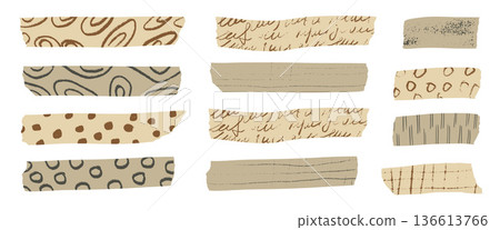 Handmade washi tape collection with decorative paper strips, sticky masking elements, and vintage scrapbook stickers for creative craft projects and journal decoration. Vector beige tags isolated 136613766