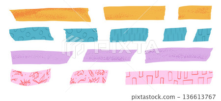 Colorful washi tape collection with decorative paper strips, sticky masking elements, and vintage scrapbook stickers for creative craft projects and journal decoration. Vector streaks grunge isolated Colorful washi tape collection with decorative paper strips, sticky masking elements, and vintage scrapbook stickers for creative craft projects and journal decoration. Vector streaks grunge isolated 136613767