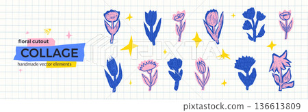 Flowers collage stickers on grid paper. Daisy and tulip cutout with crayon texture patterns on math school background. Scrapbook wildflower sign shapes. Vector kids summer notes stickers isolated Flowers collage stickers on grid paper. Daisy and tulip cutout with crayon texture patterns on math school background. Scrapbook wildflower sign shapes. Vector kids summer notes stickers isolated 136613809