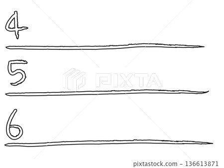 Handwritten style numbers and ruled lines set. Simple headings for rankings and lists. Analog-style numbers 4-6. 136613871