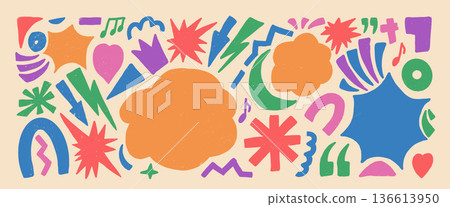 Abstract geometric music note hand drawn colorful funky background. Geometry freeform pastel figures scribbles set. Bang clouds, lightning, arrows, heart stickers. Vector illustration background Abstract geometric music note hand drawn colorful funky background. Geometry freeform pastel figures scribbles set. Bang clouds, lightning, arrows, heart stickers. Vector illustration background 136613950