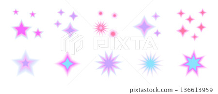 Gradient blur retro stars. Blinks 90s with aura figures set. Y2k aesthetic sparkling bling gradation effects. Vector abstract pink purple starry shaped set isolated on transparent background Gradient blur retro stars. Blinks 90s with aura figures set. Y2k aesthetic sparkling bling gradation effects. Vector abstract pink purple starry shaped set isolated on transparent background 136613959