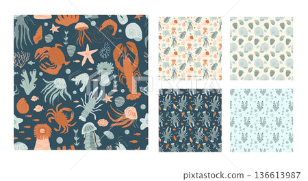 Seamless patterns set capturing the diversity of ocean life, featuring crustaceans, starfish, jellyfish, and coral against a dark backdrop. Vector hand drawn flat coastal illustration collection Seamless patterns set capturing the diversity of ocean life, featuring crustaceans, starfish, jellyfish, and coral against a dark backdrop. Vector hand drawn flat coastal illustration collection 136613987