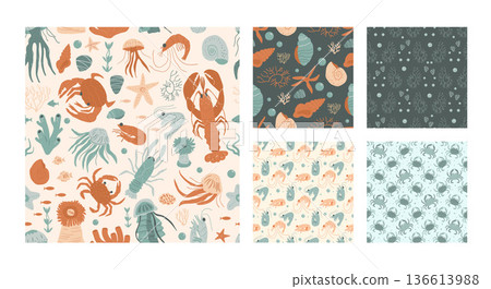 Coastal seamless pattern set with lobsters, seashells and crabs. Perfect summer print for beach-themed wallpaper, textile design, or Mediterranean vacation decor with marine element. Vector repeat bg Coastal seamless pattern set with lobsters, seashells and crabs. Perfect summer print for beach-themed wallpaper, textile design, or Mediterranean vacation decor with marine element. Vector repeat bg 136613988