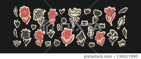 Scrapbook charcoal drawn scribble cut out nordic flowers. Naive red black doodle floral on beige pieces of paper stickers. Set of scrap book shape crayon textures. Vector ephemera collage illustration 136613990