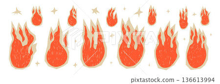 Funky fire paper cutouts icons with pastel pencil texture. Doodle flames vector illustration set with rough textures and collage graphic shapes for bold designs. Scrapbook bonfire elements isolated 136613994