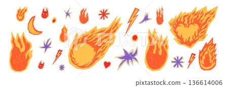 Flame, burning heart, stars doodles in crayon chalk stickers. Hand-drawn fire collage with grunge textures. Retro promo graphics frames. Vector bonfire and hot sale frames, borders isolated no bg 136614006