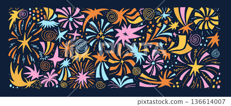 Playful simple celebration stars elements with colorful sparkles, confetti bursts. Silhouette festive patterns create a whimsical party atmosphere in vibrant tones. Vector night magic space no bg 136614007