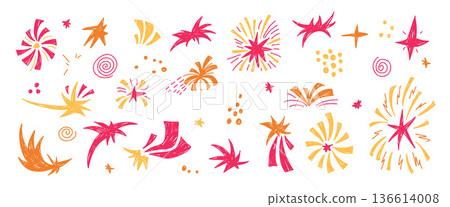 Colorful firework doodles, hand-drawn stars and confetti bursts set. Playful vector crayon illustration featuring radial sparkles, perfect for children's party decorations and festive backgrounds Colorful firework doodles, hand-drawn stars and confetti bursts set. Playful vector crayon illustration featuring radial sparkles, perfect for children's party decorations and festive backgrounds 136614008
