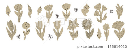 Tulip, poppy, chamomile flower paper cutouts symbols. Daisy crayon textures retro craft stickers. Scrapbook summer naive doodle torn elements for scrawl design. Vector scribble collage isolated no bg 136614010