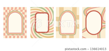 Oval, rectangle and arch groovy scallop frames banners template set. Geometric doodles text boxes with rainbow stripes. Borders on checkerboard and grid background. Vector retro illustration 136614013