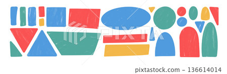 Paint spray geometric shapes kids set. Text boxes grainy textured borders. Circle, arch, highlights text and square figures. Vector hand drawn school stickers shapes. Grunge geometry callout figures Paint spray geometric shapes kids set. Text boxes grainy textured borders. Circle, arch, highlights text and square figures. Vector hand drawn school stickers shapes. Grunge geometry callout figures 136614014