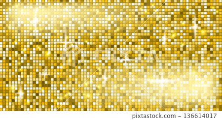 Gold sequin mosaic background with disco ball shine and glitter texture. Yellow golden sparkle floor for glam party or abstract shimmer wall. Vector illustration design Gold sequin mosaic background with disco ball shine and glitter texture. Yellow golden sparkle floor for glam party or abstract shimmer wall. Vector illustration design 136614017