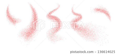 Noise red gradients chili peppers fly curved shapes set. Grainy texture paprika splash wavy long textured elements. Red masala dotwork seed forms. Vector gritty wavy lines. Grunge cooking figures 136614025