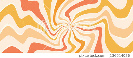 Groovy twisted starburst background. Retro spiral sun rays abstract circus warm illustration. Vector dynamic lines decoration. Radial carnival stripes backdrop. Sunburst textured 70s design 136614026
