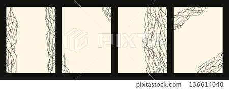 Beige kintsugi cracks posters set. Simple marble texture with abstract patterns black handmade lines, perfect for elegant designs templates and modern interior decor wall. Vector blank retro bg Beige kintsugi cracks posters set. Simple marble texture with abstract patterns black handmade lines, perfect for elegant designs templates and modern interior decor wall. Vector blank retro bg 136614040