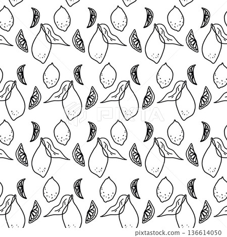 Seamless pattern doodle lemons slices and whole elements with leaves. Monochrome black outline naive sketch summer fruit. Mediterranean-inspired citrus print. Vector mini pencil hand drawn background Seamless pattern doodle lemons slices and whole elements with leaves. Monochrome black outline naive sketch summer fruit. Mediterranean-inspired citrus print. Vector mini pencil hand drawn background 136614050