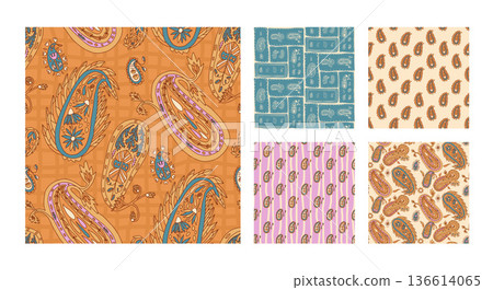 Paisley seamless patterns collection. Ethnic indian modern checked endless backgrounds set. Surface pattern design motif. Vector hand drawn bg illustration Paisley seamless patterns collection. Ethnic indian modern checked endless backgrounds set. Surface pattern design motif. Vector hand drawn bg illustration 136614065
