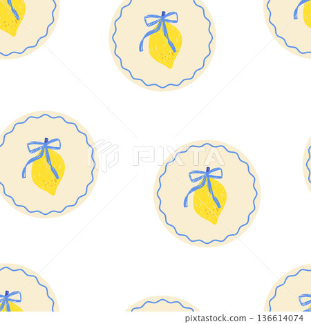 Seamless pattern lemons and bow round badge. Yellow and blue citrus design for textiles, kitchen decor, Mediterranean-inspired pastel print. Vector emblem hand drawn background 136614074