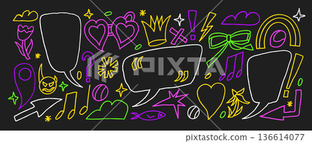Brush stroke pencil speech bubble shapes. Text box frame crayon drawn set. Arow, geometric, abstract design for fun layout. Playful callout marks highlight dialog or thoughts. Hand drawn vector doodle 136614077