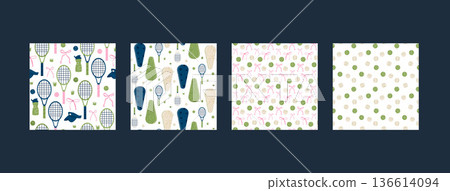 Tennis-themed seamless patterns featuring rackets, balls and bows elements. Retro sport coquette prints with continuous repeating design for backgrounds and decorative projects. Vector tennis bg 136614094