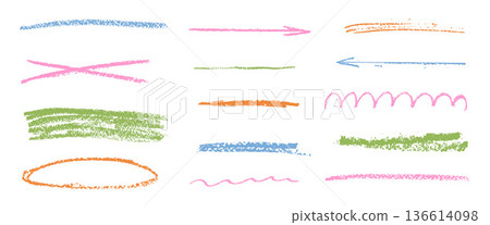 Doodle multi colors pencil underlines. Crayon pink and green line brush stroke set. Graphite pencil texture strikethrough, arrow, ellipse. Chalk highlight for school text mark. Vector freehand divider Doodle multi colors pencil underlines. Crayon pink and green line brush stroke set. Graphite pencil texture strikethrough, arrow, ellipse. Chalk highlight for school text mark. Vector freehand divider 136614098