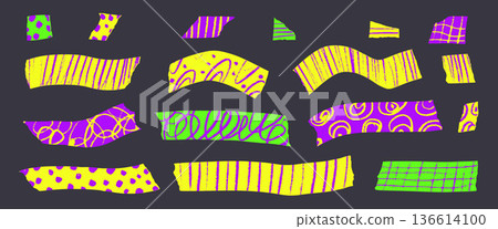 Colorful neon washi tape collection with decorative paper strips, sticky masking elements, and school kids vibrant scrapbook stickers for creative craft projects and journal decoration. Vector memo Colorful neon washi tape collection with decorative paper strips, sticky masking elements, and school kids vibrant scrapbook stickers for creative craft projects and journal decoration. Vector memo 136614100