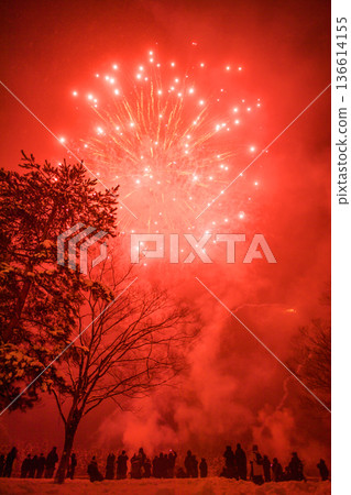 Fantastic winter fireworks on a snowy night at the Ota Fire Festival in Daisen City, Akita Prefecture 136614155