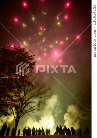Fantastic winter fireworks on a snowy night at the Ota Fire Festival in Daisen City, Akita Prefecture 136614159