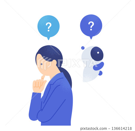 一位女商人與人工智慧正在思考一個問題。一個機器人和一個女人背對背站著，陷入沉思。 136614218