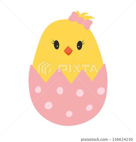 Adorable yellow chick peeking from a pink eggshell with a bow, isolated on a transparent background. Cute Easter. PNG and Vector Illustration Adorable yellow chick peeking from a pink eggshell with a bow, isolated on a transparent background. Cute Easter. PNG and Vector Illustration 136614230
