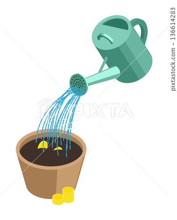 Isometric garden watering can waters gold coins planted in the ground in anticipation of the growth of a money tree. 3D vector isolated on white background Isometric garden watering can waters gold coins planted in the ground in anticipation of the growth of a money tree. 3D vector isolated on white background 136614283