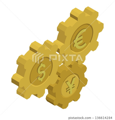 Isometric gears with embedded dollar, euro, and yen symbols interlock tightly, relationship between currencies of global financial system. 3D vector isolated on white background Isometric gears with embedded dollar, euro, and yen symbols interlock tightly, relationship between currencies of global financial system. 3D vector isolated on white background 136614284