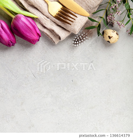 Minimal Easter Background with Tulips and Table Setting 136614379