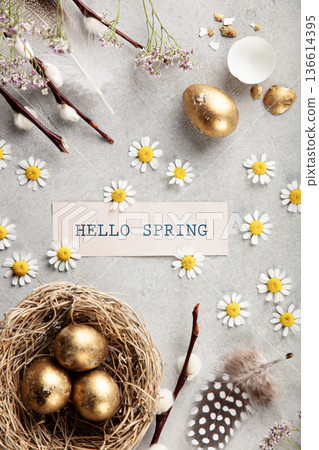 Hello Spring Card with Golden Easter Eggs Nest and Daisies 136614395