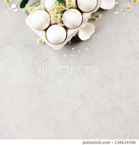 White Eggs in Carton with Chamomile Flowers on Light Background White Eggs in Carton with Chamomile Flowers on Light Background 136614396