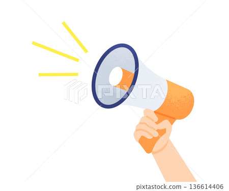 宣傳推廣及促銷公告。向量圖,描繪一隻手拿著擴音器,並配有醒目的線條。 宣傳推廣及促銷公告。向量圖,描繪一隻手拿著擴音器,並配有醒目的線條。 136614406
