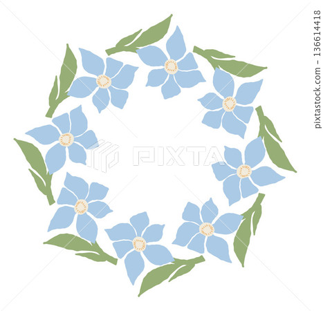Blue Flower Wreath. Floral Round Frame. Botanical Border Card with Empty Copy Space. Vector flat illustration isolated on white 136614418