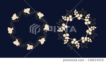 Navy Blue and Gold Currant Wreaths. Beige Berry and Leaf. Isolated Elegant Botanical Circle Frames set with Empty Copy Space. Vector illustration 136614419