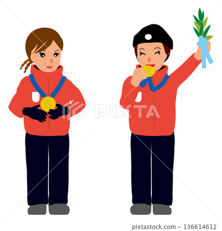 Set 2 of illustrations of female medalists wearing outdoor uniforms - Gold medal winners Set 2 of illustrations of female medalists wearing outdoor uniforms - Gold medal winners 136614612
