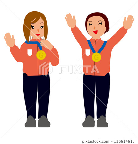 Set 1 of illustrations of female medalists wearing indoor uniforms - Gold medal winners 136614613
