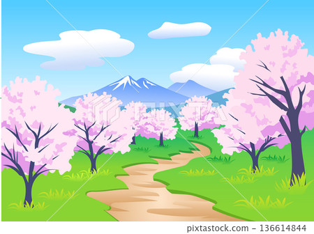 一幅描繪春天櫻花盛開的簡單插圖 136614844