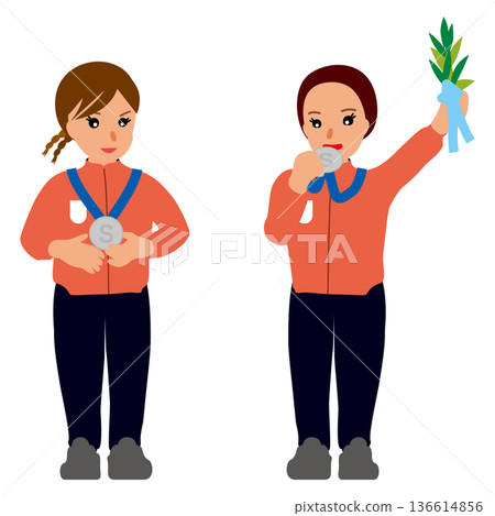 Set 2 of illustrations of female medalists wearing indoor uniforms - Silver medal winners 136614856