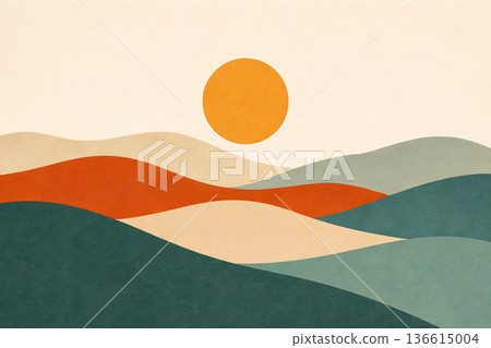 抽象分層極簡風景畫，包含山丘和陽光（中世紀海報風格） 136615004