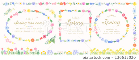 Flat design spring frame _ Colorful botanical flower wreath with tulips, cherry blossoms, etc. Flat design spring frame _ Colorful botanical flower wreath with tulips, cherry blossoms, etc. 136615020