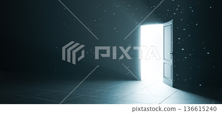Door Opening With Light and Particles in Mystery Concept Background 136615240