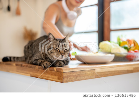 Close up of a cat sitting crouching on wooden kitchen counter while woman cooking and touching fur. Close up of a cat sitting crouching on wooden kitchen counter while woman cooking and touching fur. 136615486