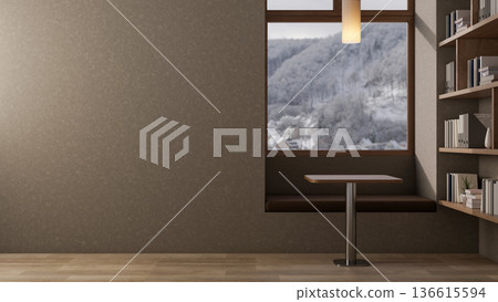 Stool table and bench under lamp and window with snowy scenery and bookshelf on wooden parquet floor Stool table and bench under lamp and window with snowy scenery and bookshelf on wooden parquet floor 136615594
